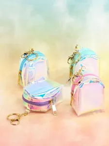 Holographic transparent TPU mini backpack keychain coin purse, cute iridescent bag pendant.