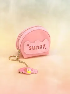 Cute mini semi-circular PVC coin purse in macaron pink with gold chain keychain and charm.