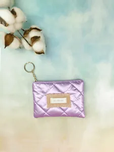 Purple quilted coin purse with keychain, trendy fabric zipper pouch for women and girls daily use.