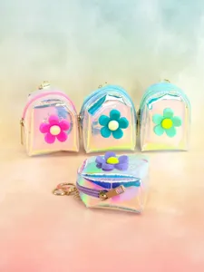 Holographic mini backpack keychain coin purse with cute flower charm, perfect daily accessory.