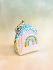 Holographic mini backpack coin purse with pastel rainbow charm and keychain for girls