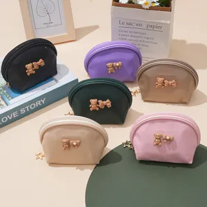 Cute Bear Bowknot Semi-Circle PU Leather Coin Purse Portable Lipstick Storage Bag Small Shell Handbag Makeup Pouch For Women