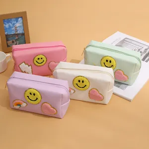 Women's Street Trend Faux Leather Makeup Bag Chenille Towel Embroidery Letter Smiley Face Storage Organizer Zipper Cosmetic Pouch