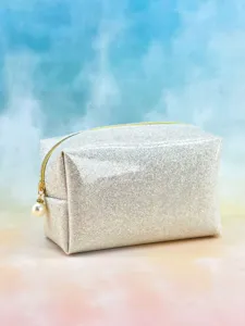 Glitter cosmetic bag for women, portable sparkly makeup pouch with pearl zipper pull, chic.