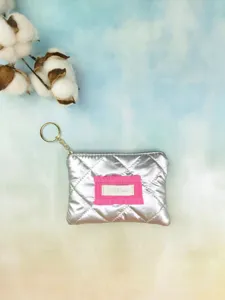 Silver quilted coin purse with key ring, stylish metallic wallet pouch for women daily use.