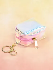 Clear iridescent mini backpack coin purse with pink zipper and gold keychain ring for daily use.