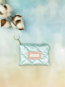 Mint green quilted coin purse with cute fabric label and gold keychain ring for women.