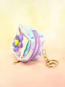 Holographic iridescent coin purse with cute purple flower charm and gold keychain holder.