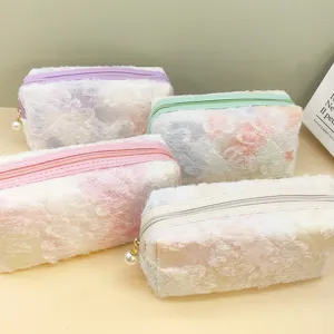 Women Tie-Dye Lace Makeup Bag Floral Embroidery Pencil Case With Pearl Pendant Tassel Storage Octagonal Pouch Daily Sweet Cosmetic Bag