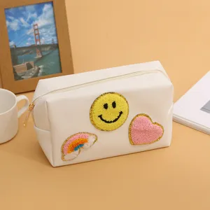 White cosmetic bag with cute towel embroidery patches, spacious zipper storage for daily makeup.