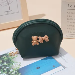 Cute bear bow semi-circular coin purse portable lipstick storage bag sheepskin pattern clutch.