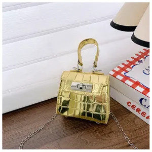 Mini laser crocodile pattern metallic crossbody bag stylish shiny kelly handbag for women.