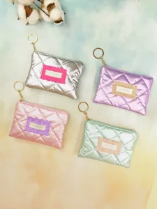 Quilted metallic coin purse with key ring, stylish zipper pouch, cute quilted wallet.