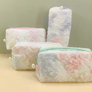 Pastel tie-dye quilted cosmetic bag with pearl pendant, cute girlish storage pencil case.