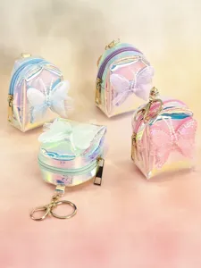 Laser iridescent mini backpack coin purse with cute butterfly keychain, storage bag.