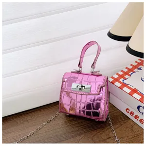 Pink laser crocodile pattern mini Kelly handbag with metal chain strap and turn-lock closure.