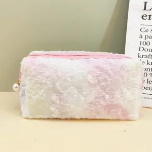 Pink tie-dye lace cosmetic bag fluffy makeup pouch portable storage pencil case main view