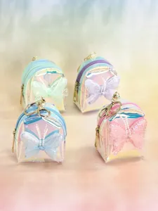 Holographic mini backpack keychain with cute lace butterfly, stylish coin purse for girls.