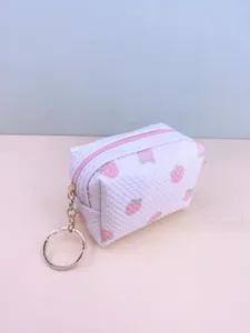 Waffle Strawberry Coin Purse with Cute Keyring Fabric Lipstick Mini Pouch Zipper Wallet