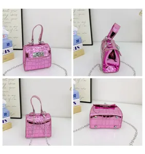 Mini laser crocodile pattern shoulder bag for women, stylish metallic pink handbag.