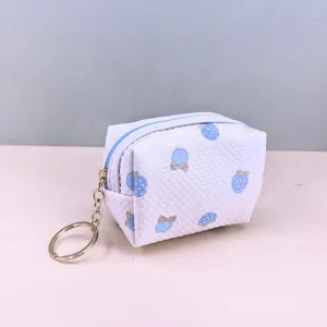 Waffle strawberry coin purse cute mini pouch with keychain portable lipstick storage bag
