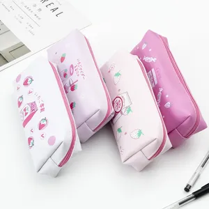 Cute strawberry milk PU pencil case, large capacity stationery bag for students and girls.