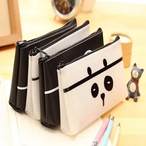 Cute cartoon panda pencil case PU leather minimalist student stationery bag black white
