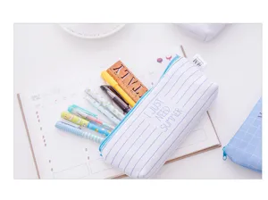Blue striped canvas pencil case large capacity stationery storage aesthetic school pouch