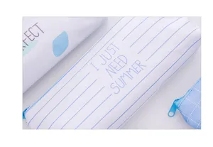 Canvas pencil case detail shot showing striped pattern and English text, perfect for students.