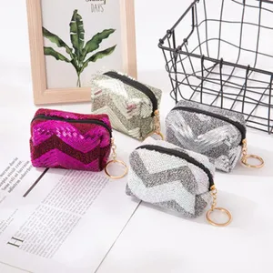Sparkly sequin coin purse with keychain and zipper, portable mini zipper pouch for small items.