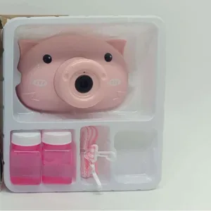 Elektrisches rosafarbenes Schweinchen Seifenblasen Kamera Set für Kinder mit Flüssigkeit.