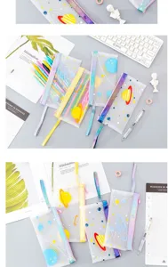 Transparent student pencil case with cute planet space pattern, waterproof portable pouch.