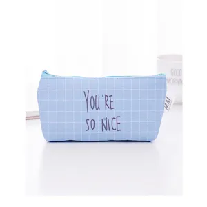 Blue plaid canvas pencil case detail, student stationery storage pouch, cute design.