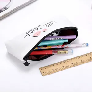 White canvas pencil case with strawberry print, cute stationery bag for students and office use.