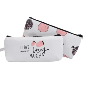 Canvas pencil case cute strawberry print zipper storage bag school stationery organizer