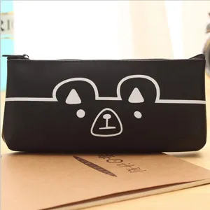 Cute cartoon animal PU leather pencil case, minimalist creative student stationery storage pouch.