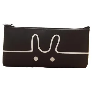 Minimalist PU leather pencil case with cute cartoon animal line art for students stationery.