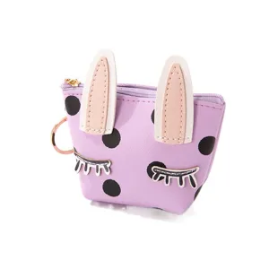 Cute bunny ear coin purse with polka dots, pu leather small zipper wallet with key ring for women.