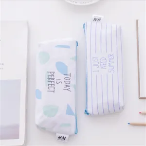 Blue canvas pencil case, large capacity cute stationery storage pouch for students and teens.