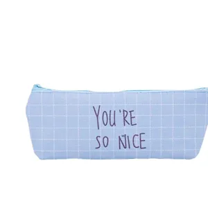 Blue canvas pencil case with grid pattern and lovely quote, large capacity stationery bag for students.