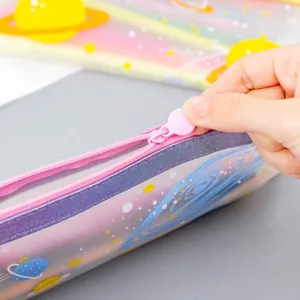 Cute planet print transparent pencil case, waterproof student stationery organizer bag.
