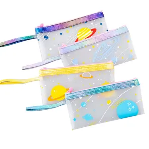 Clear PVC pencil pouch with cute space planet print, portable student stationery bag.