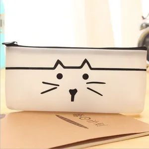Cute cartoon cat translucent PU leather pencil case, simple creative student stationery storage bag.
