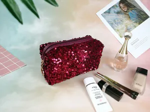 Sparkly sequin cosmetic bag for women travel makeup pouch portable toiletry organizer