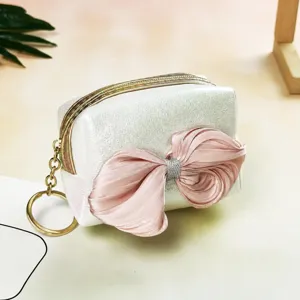 Ins Style Gradient Laser PU Leather Coin Purse With Satin Ribbon Bowtie Mini Lipstick Storage Pouch For Women Fashion Cute Wallet