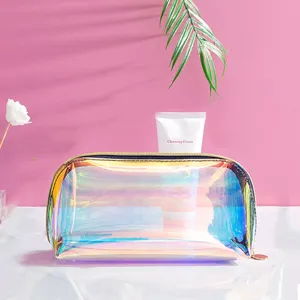 Detail view of holographic transparent makeup bag, showcasing iridescent laser waterproof PVC.