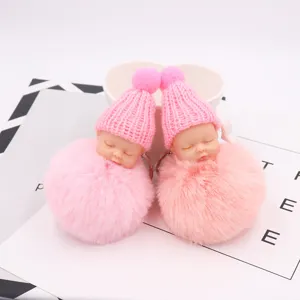 Niedliche Schlafende Puppe Pompon Schlüsselanhänger Plüschpuppe Flauschiges Kunstfell Taschenanhänger Damen Auto Schlüsselring Dekorative Accessoires
