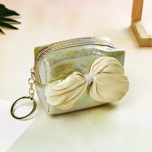 Holographic green coin purse with big satin bow, cute cosmetic makeup pouch with key ring.