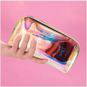Holographic iridescent half-round cosmetic bag large capacity makeup pouch transparent toiletry bag