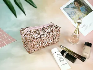Pink sequin makeup bag for women travel cosmetic organizer large capacity portable wash bag
